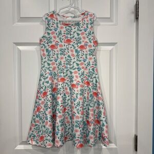Girls Pink Flamingo‎ Tropical Floral Skater Dress Sleeveless White Size 8T